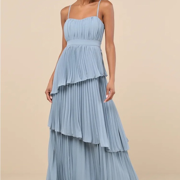 Lulus Jehona Dusty Blue Pleated Tiered Maxi Dress - Size XS. New - Picture 5 of 5